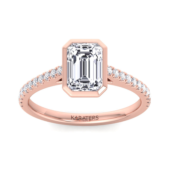 Emerald Bezel Lab Diamond Ring Cathedral Pave Band Rose 