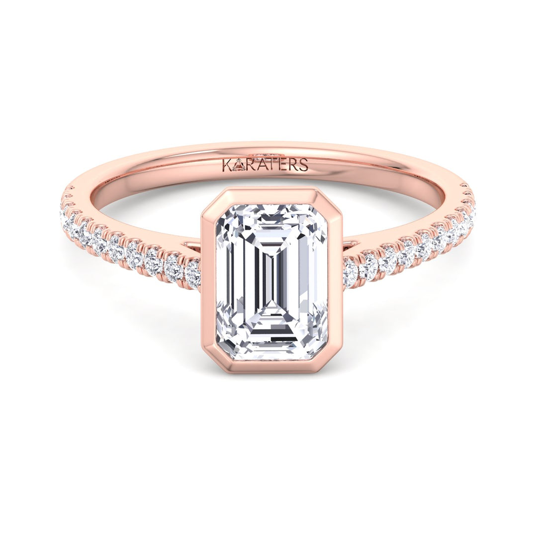 Emerald Bezel Lab Diamond Ring Cathedral Pave Rose Band 