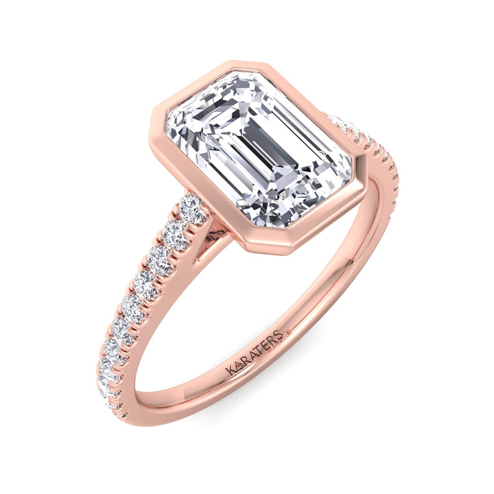 Emerald Bezel Lab Diamond Ring Cathedral Pave Rose Gold Band 