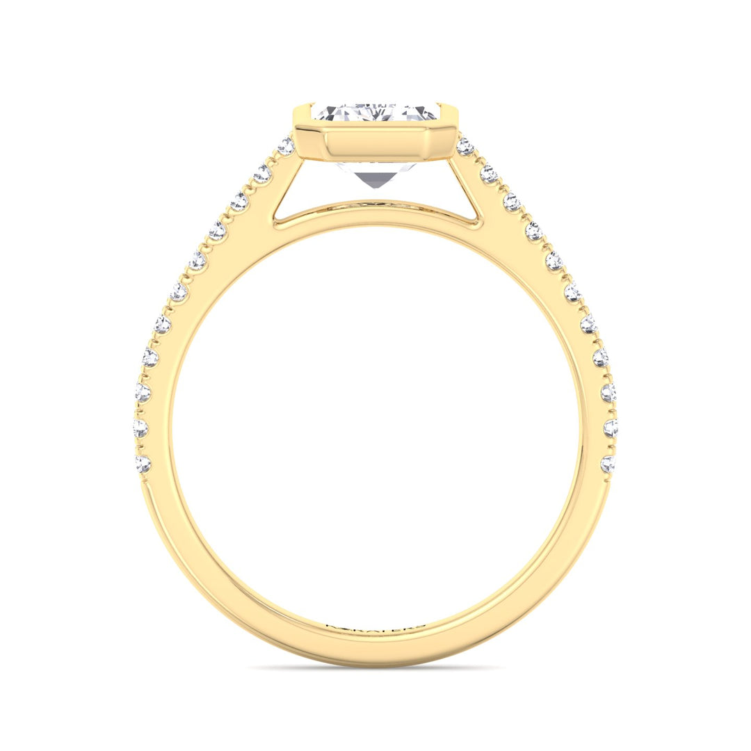 Emerald Bezel Lab Diamond Ring Cathedral Pave Yellow Gold Band 