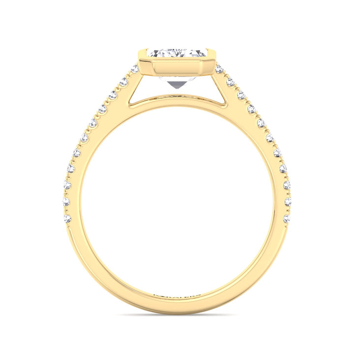 Emerald Bezel Lab Diamond Ring Cathedral Pave Yellow Gold Band 