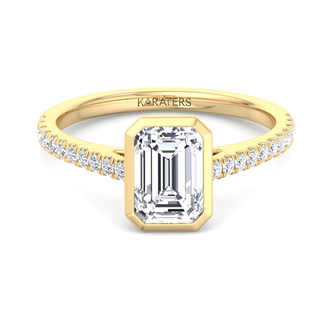 Emerald Bezel Lab Diamond Ring with Cathedral Pave Yellow Band 