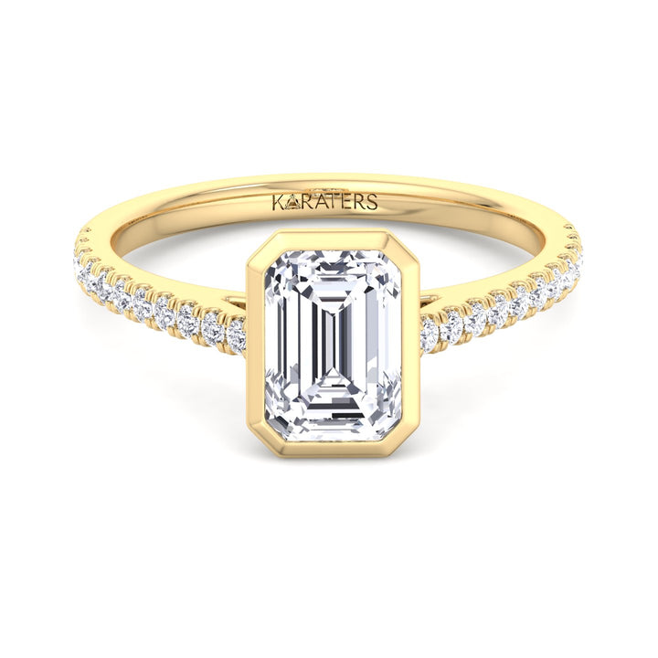 Emerald Bezel Lab Diamond Ring with Cathedral Pave Yellow Band 