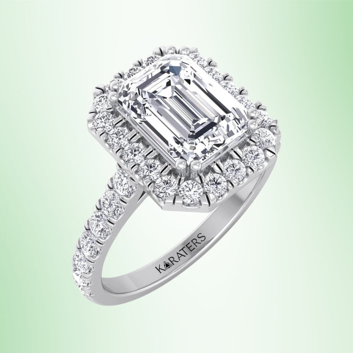 Emerald Cut Halo Lab Grown Diamond Engagement Ring With SideStones
