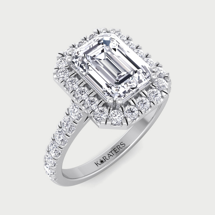 Emerald Cut Halo Lab Grown Diamond Engagement Ring With SideStones