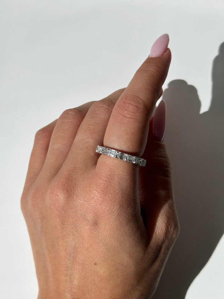Emerald Cut Lab White Gold Diamond Eternity Band, Female Finger