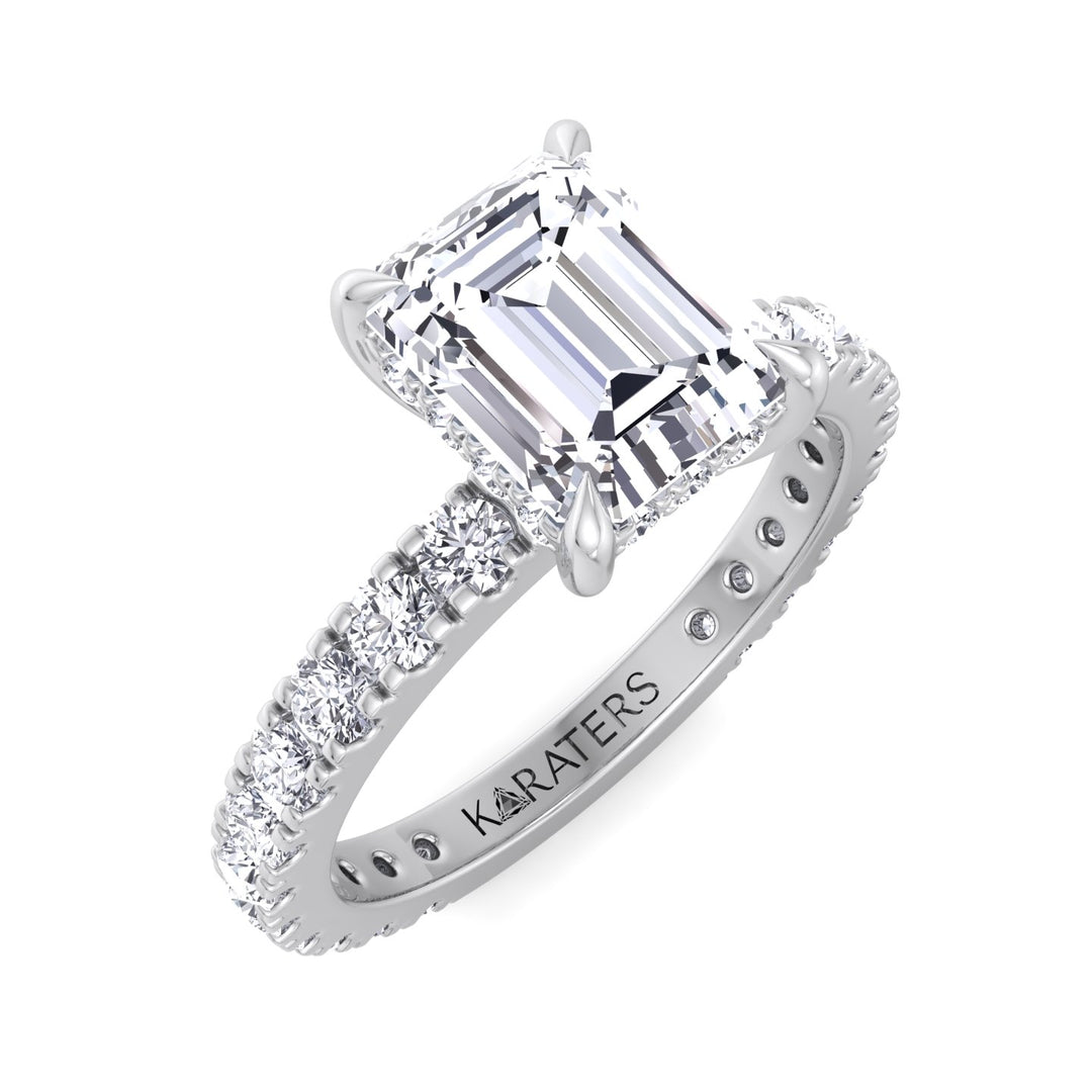 Emerald Diamond Ring Hidden Halo & Side Stones White
