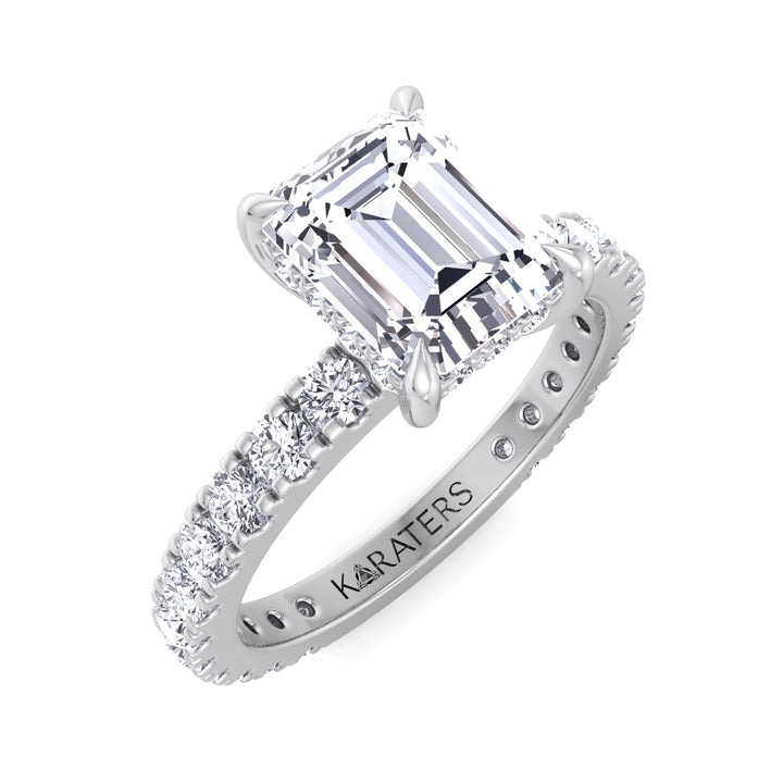 Emerald Diamond Ring Hidden Halo & Side Stones White