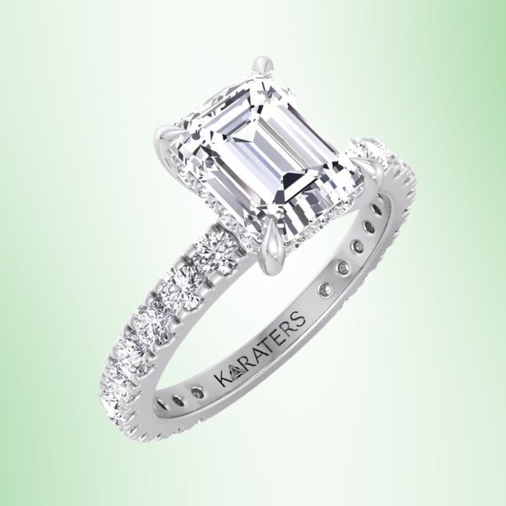 Emerald Lab Diamond Engagement Ring With Hidden Halo & Side Stone