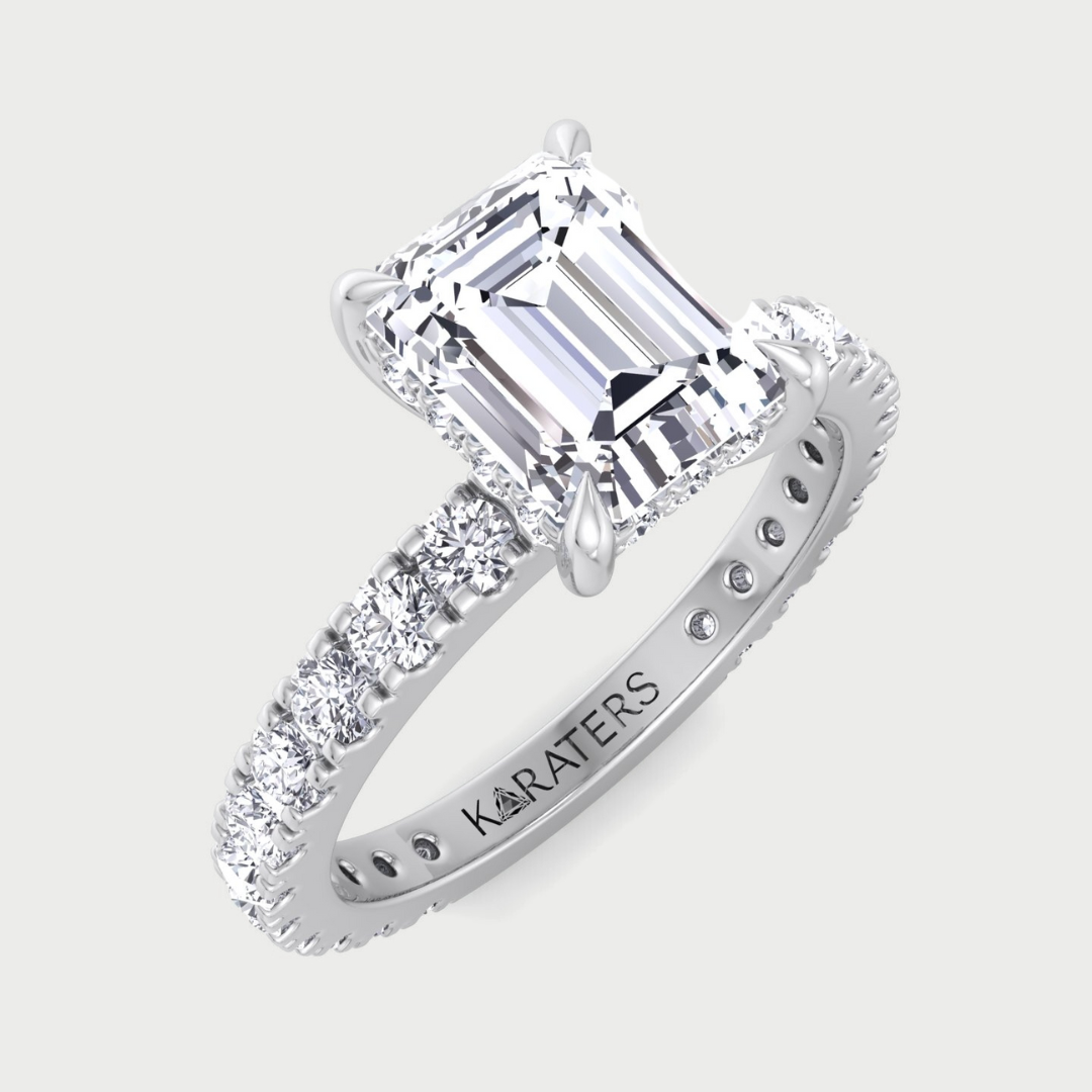 Emerald Lab Diamond Engagement Ring With Hidden Halo & Side Stone