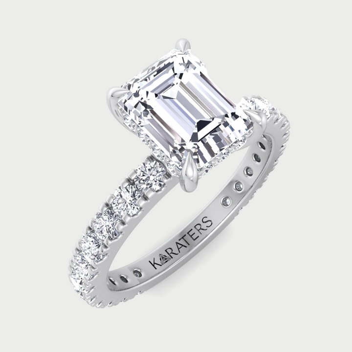 Emerald Lab Diamond Engagement Ring With Hidden Halo & Side Stone