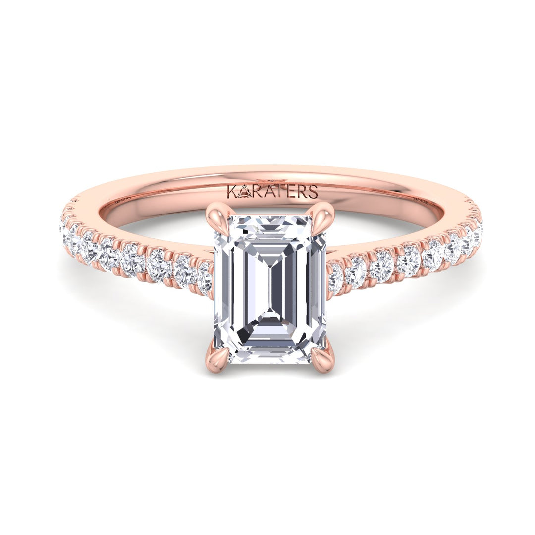 Emerald Lab Diamond Ring Cathedral Pave Band Rose Gold