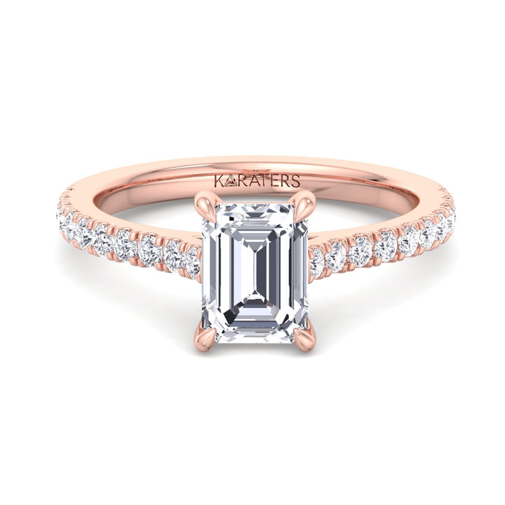 Emerald Lab Diamond Ring Cathedral Pave Band Rose Gold