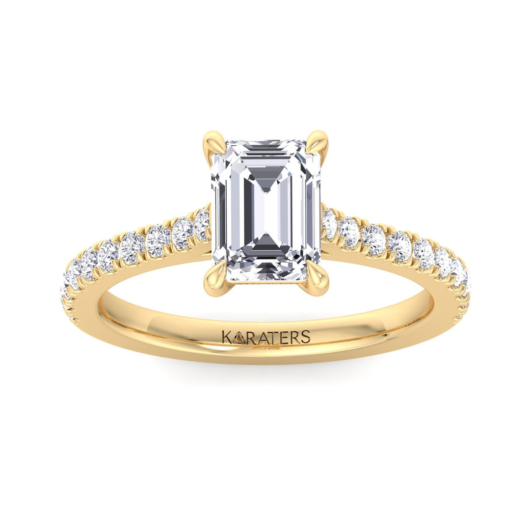 Emerald Lab Diamond Ring Cathedral Pave Band Yellow Gold