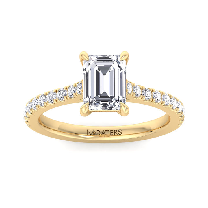 Emerald Lab Diamond Ring Cathedral Pave Band Yellow Gold