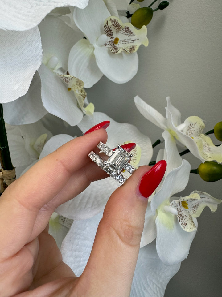 Emerald Lab Diamond Ring Hidden Halo & Side Stones White