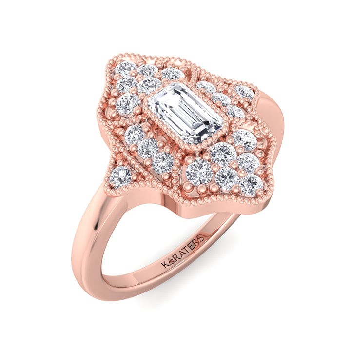 Emerald Lab Diamond Ring Round Side Stones Rose Gold