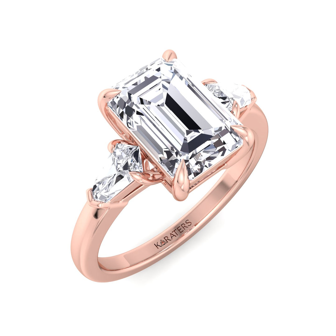Emerald Lab Diamond Ring Tapered Baguette Sides Rose