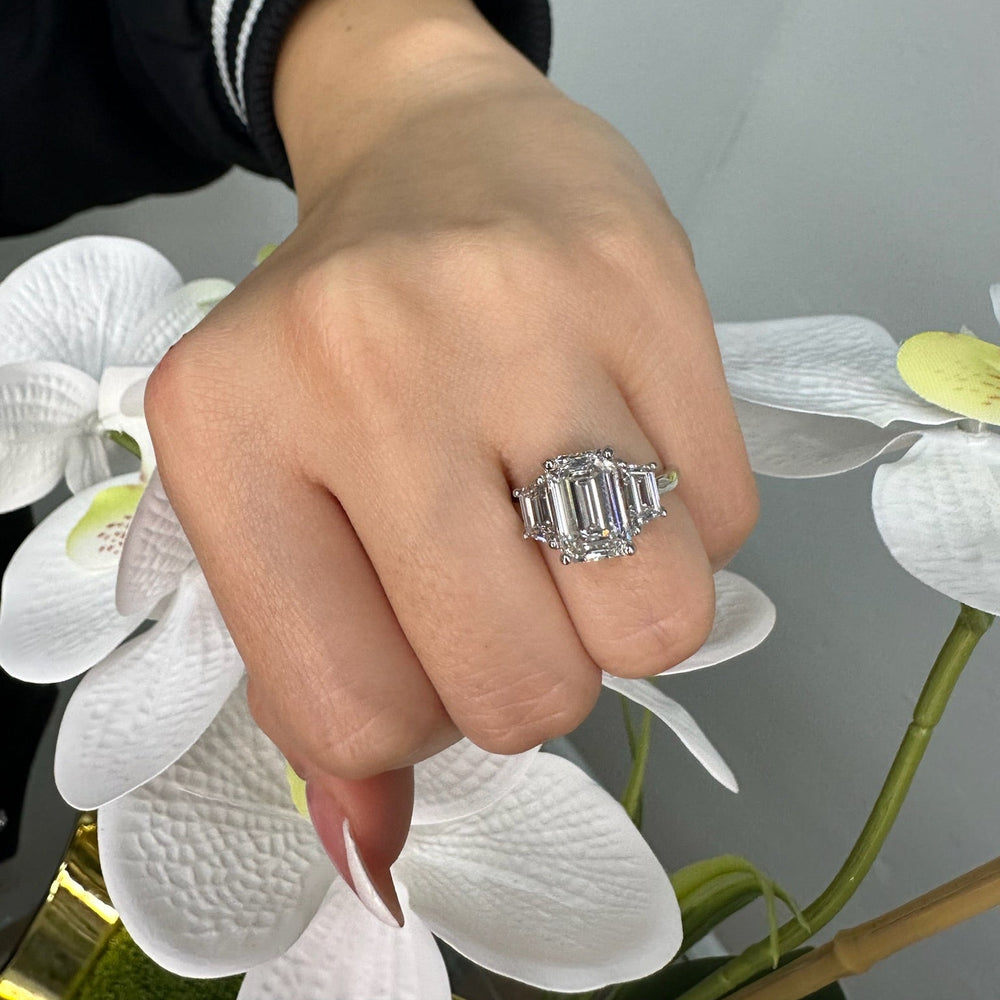 Emerald Lab Diamond Ring with Trapezoid Side Accents