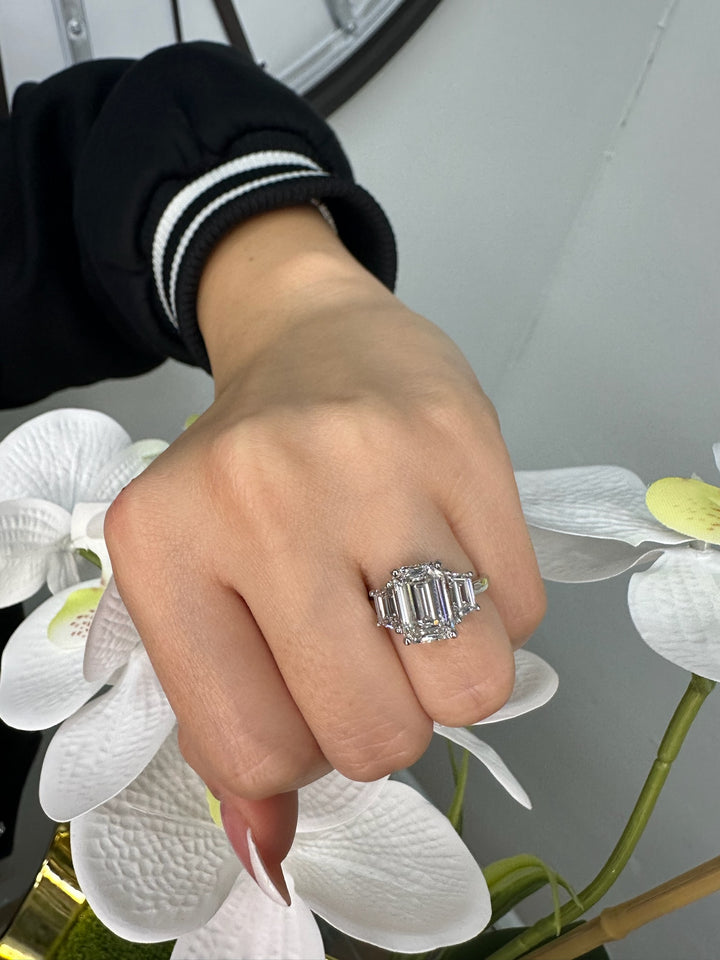 Emerald Lab Diamond Ring with Trapezoid Side Accents