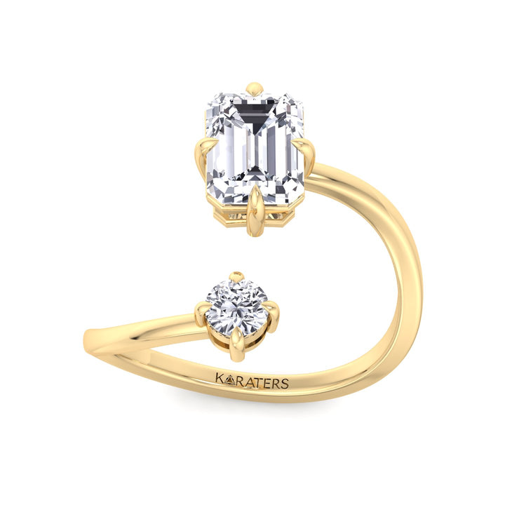 Emerald & Round Shape Lab Diamond Open Yellow Gold Ring 