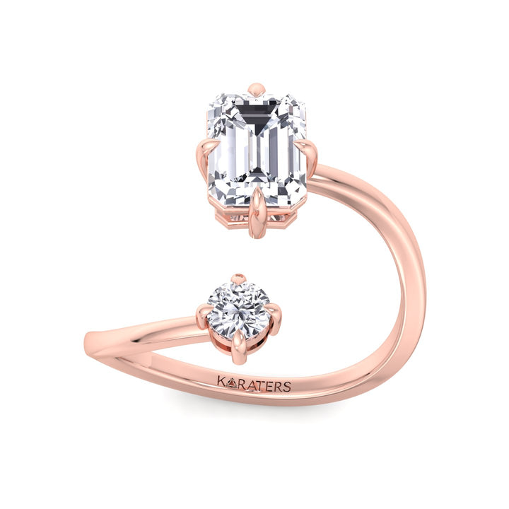 Emerald & Round Shape Lab cut Diamond Open Ring Rose Gold