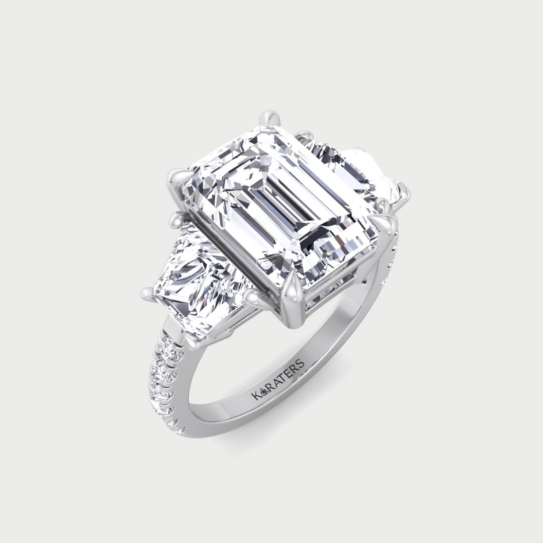 Emerald & Trapezoid Three Stone Lab-Grown Diamond Engagement Ring with Sidestones
