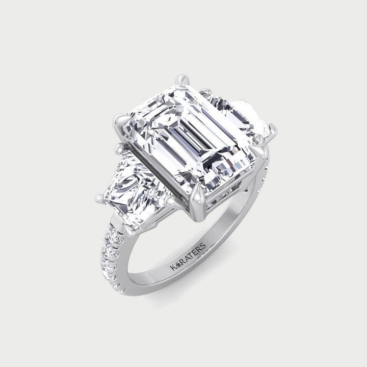 Emerald & Trapezoid Three Stone Lab-Grown Diamond Engagement Ring with Sidestones