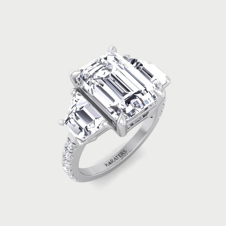 Emerald & Trapezoid Three Stone Lab-Grown Diamond Engagement Ring with Sidestones