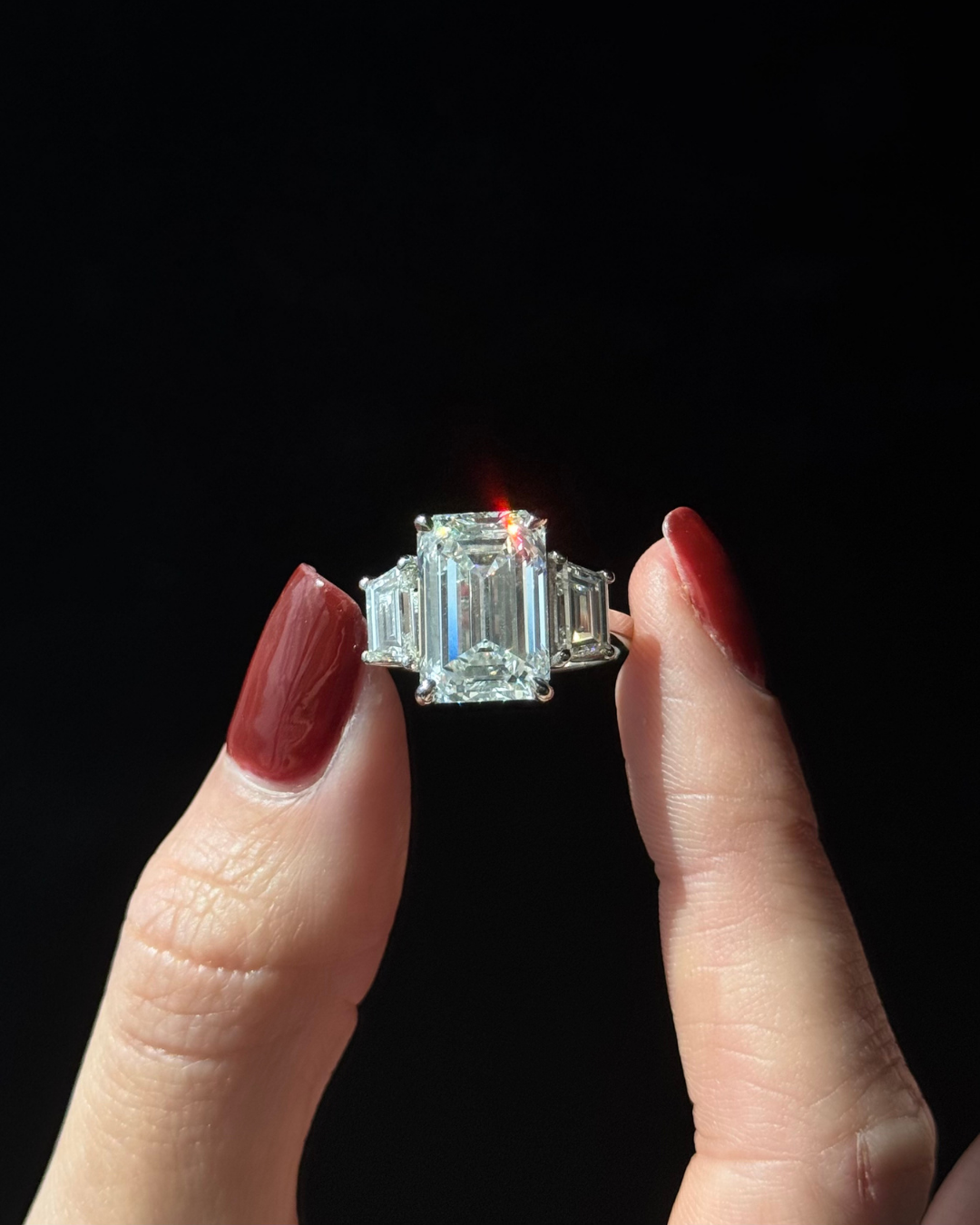 Emerald & Trapezoid Three Stone Lab-Diamond Engagement Ring, Front