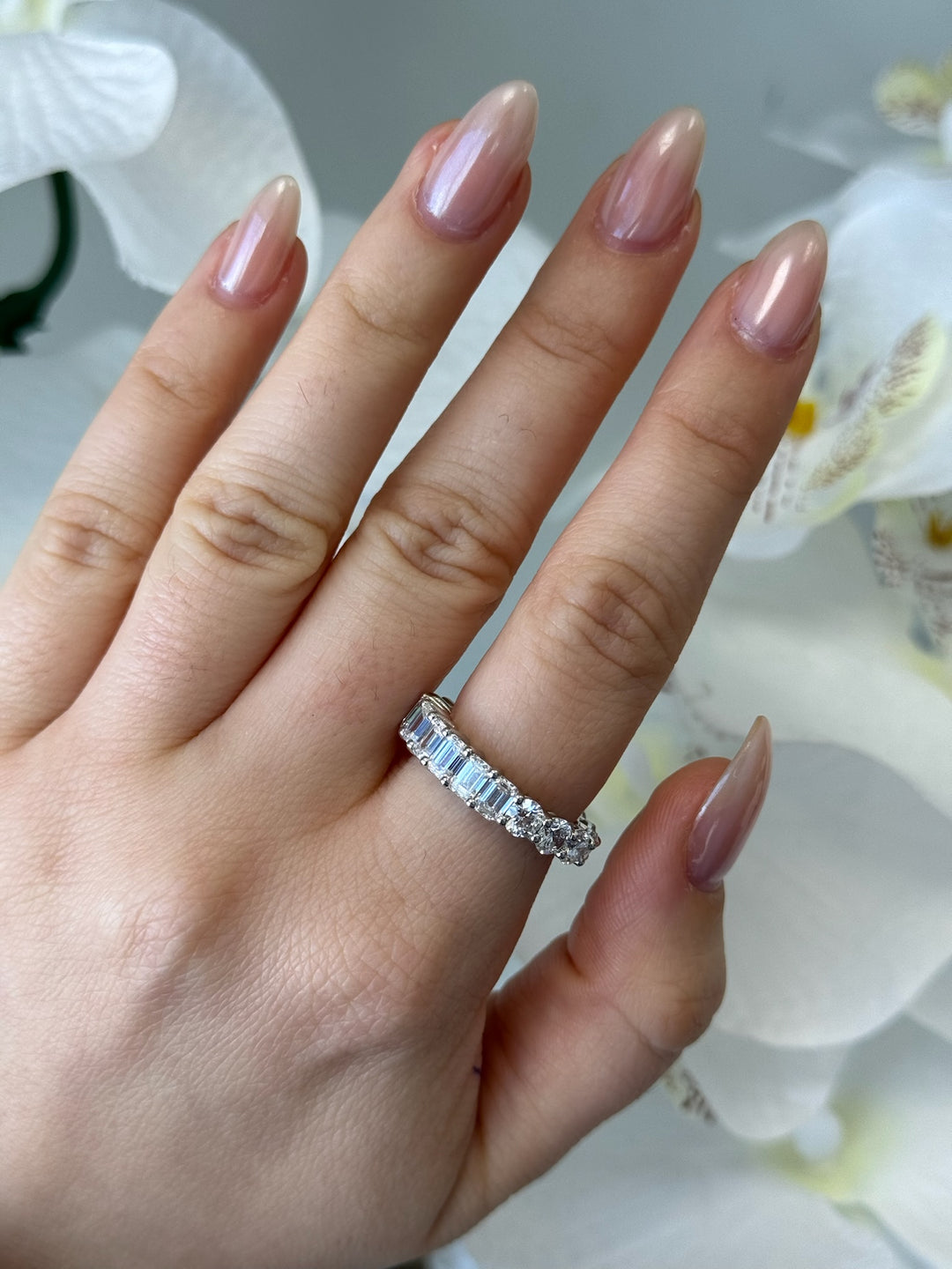 Emerald and Round Lab White Gold Diamond Eternity Band, Finger