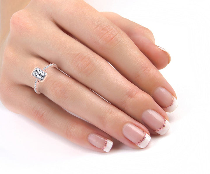 Emerald cut Bezel Lab Diamond Ring Cathedral Band Rose 
