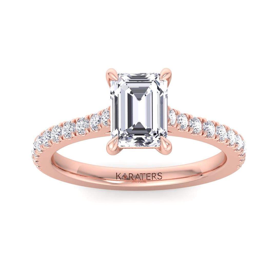 Emerald cut Lab Diamond Ring Cathedral Pave Band Rose Gold