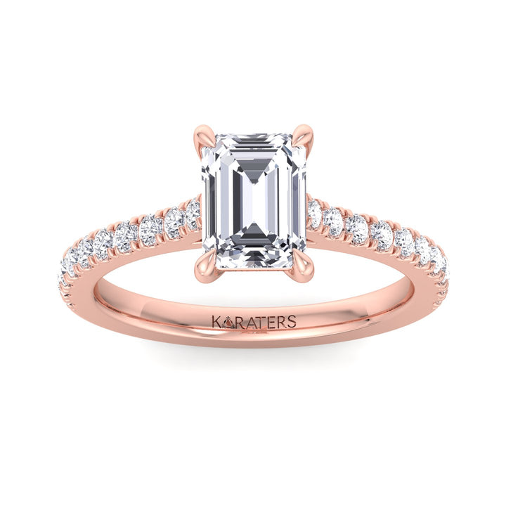 Emerald cut Lab Diamond Ring Cathedral Pave Band Rose Gold