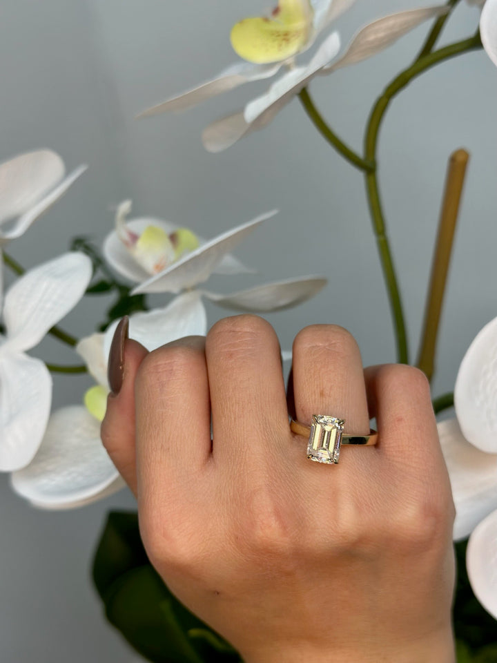 Emerald cut Lab Diamond Solitaire Ring Cathedral Design 