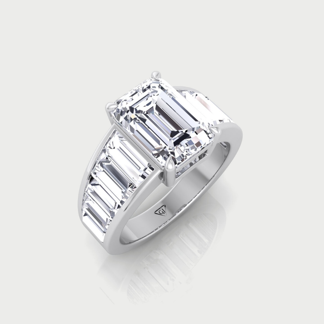 Emerald Shape Lab Grown Diamond Engagement Ring with Graduated Tapered Emerald Sidetones Platinum