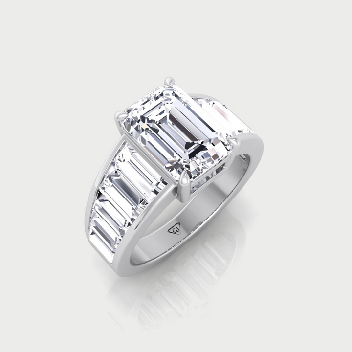 Emerald Shape Lab Grown Diamond Engagement Ring with Graduated Tapered Emerald Sidetones Platinum