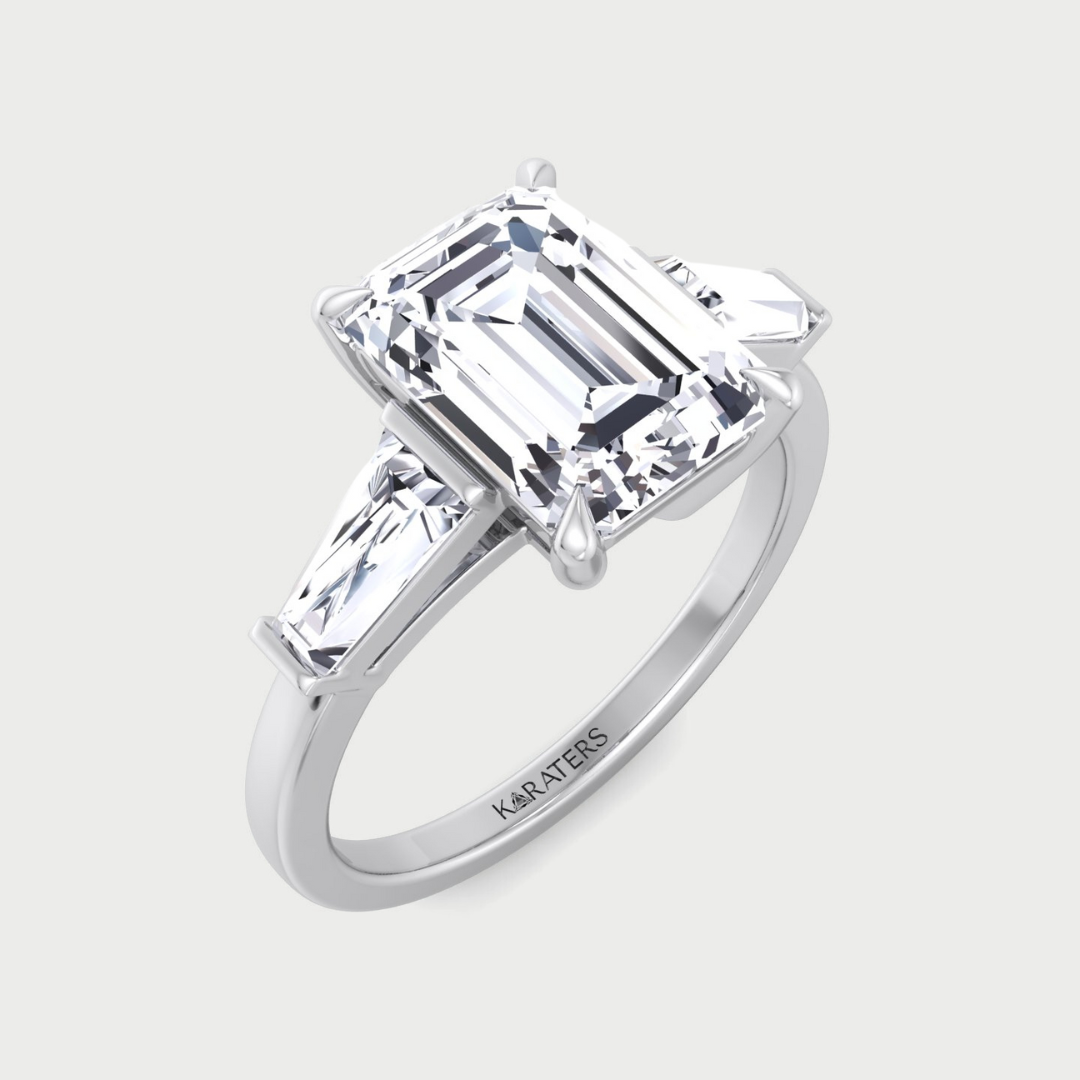 Emerald Cut Grown Diamond Solitaire Engagement Ring With Tapered Baguette Sidestones