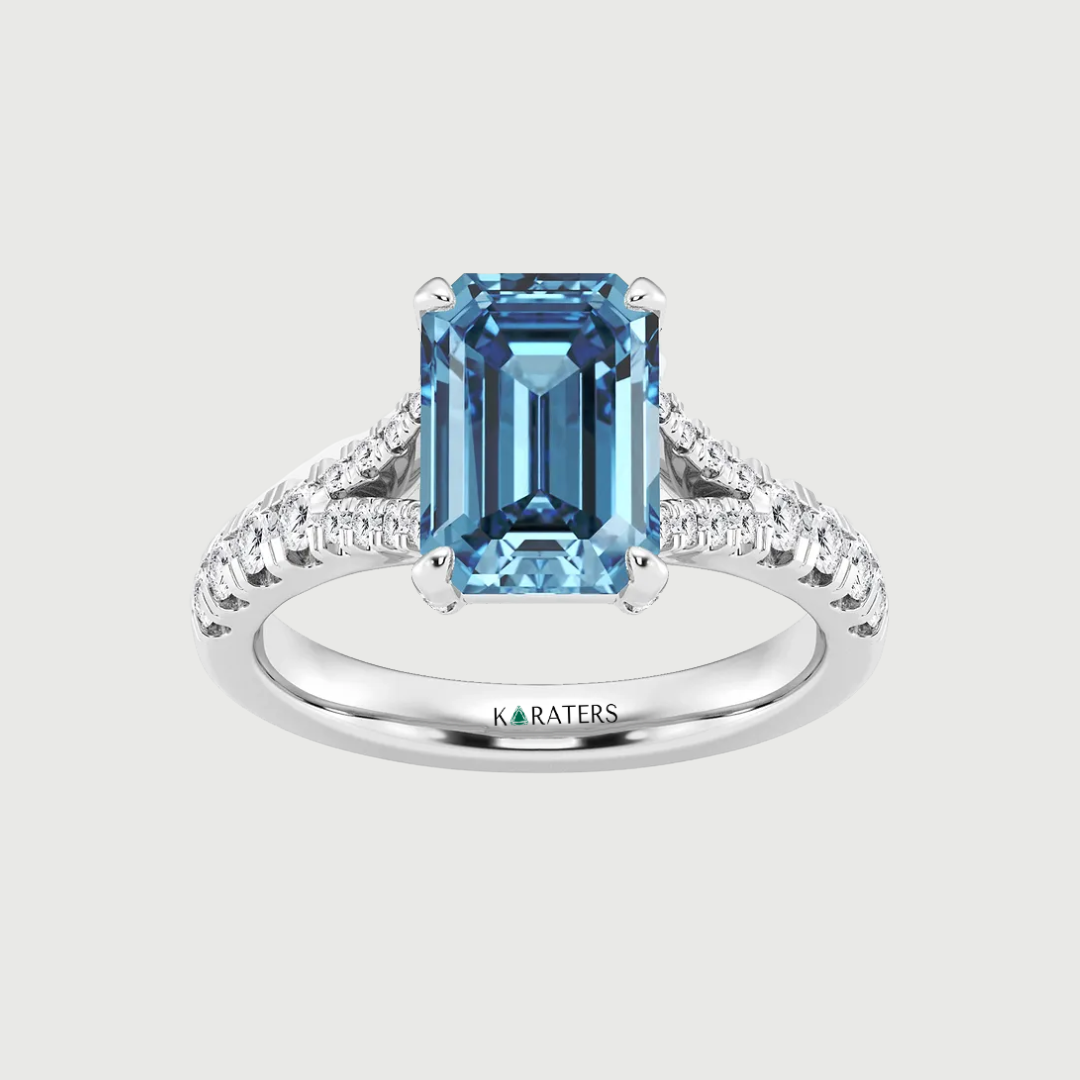 Fancy Blue Emerald Shape Lab Grown Diamond Split Shank Engagement Ring