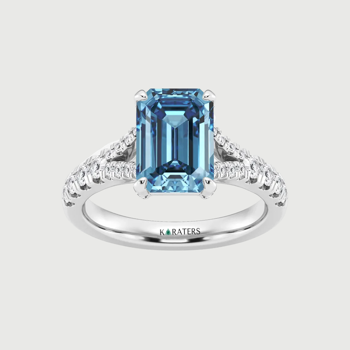 Fancy Blue Emerald Shape Lab Grown Diamond Split Shank Engagement Ring