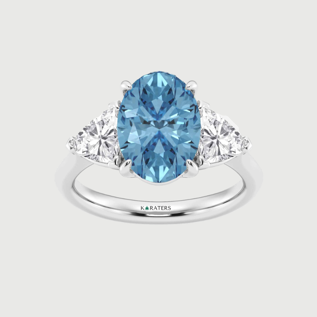 Fancy Blue Oval Shape Lab Grown Diamond Engagement Ring with Trillion Sidestones