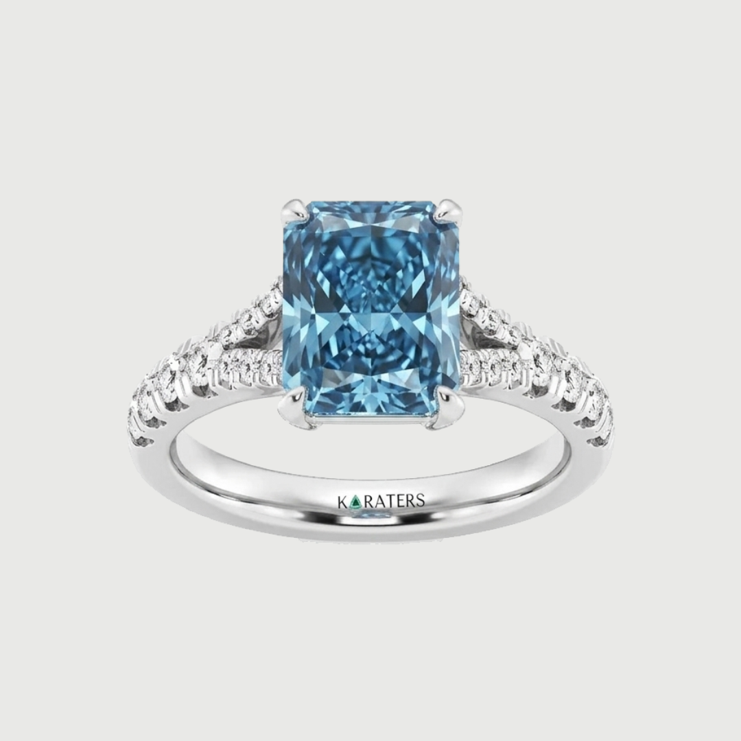Fancy Blue Radiant Cut Lab Grown Diamond Split Shank Engagement Ring