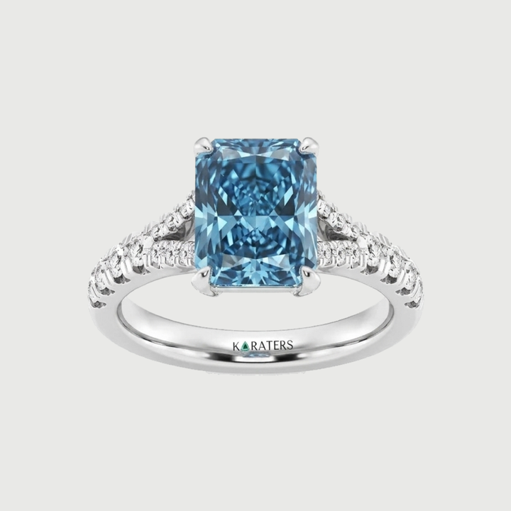 Fancy Blue Radiant Cut Lab Grown Diamond Split Shank Engagement Ring