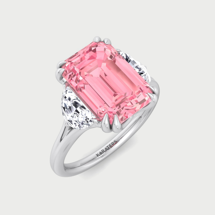 Fancy Pink Emerald Shape Lab Grown Diamond Engagement Ring with Half Moon Sidestones
