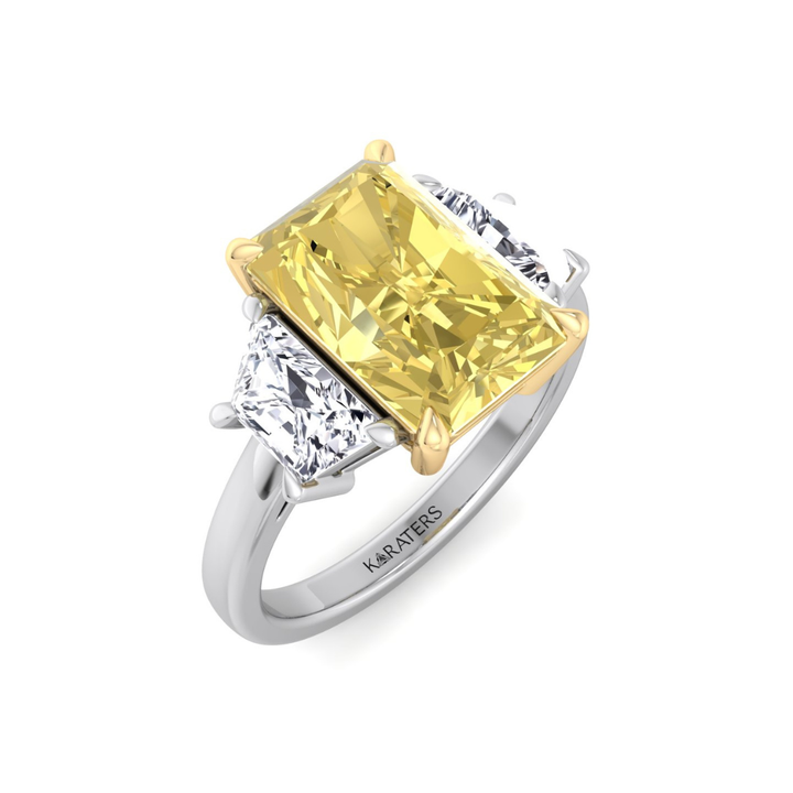Fancy Yellow Radiant & Trapezoid Three Stone Lab-Diamond Engagement Ring