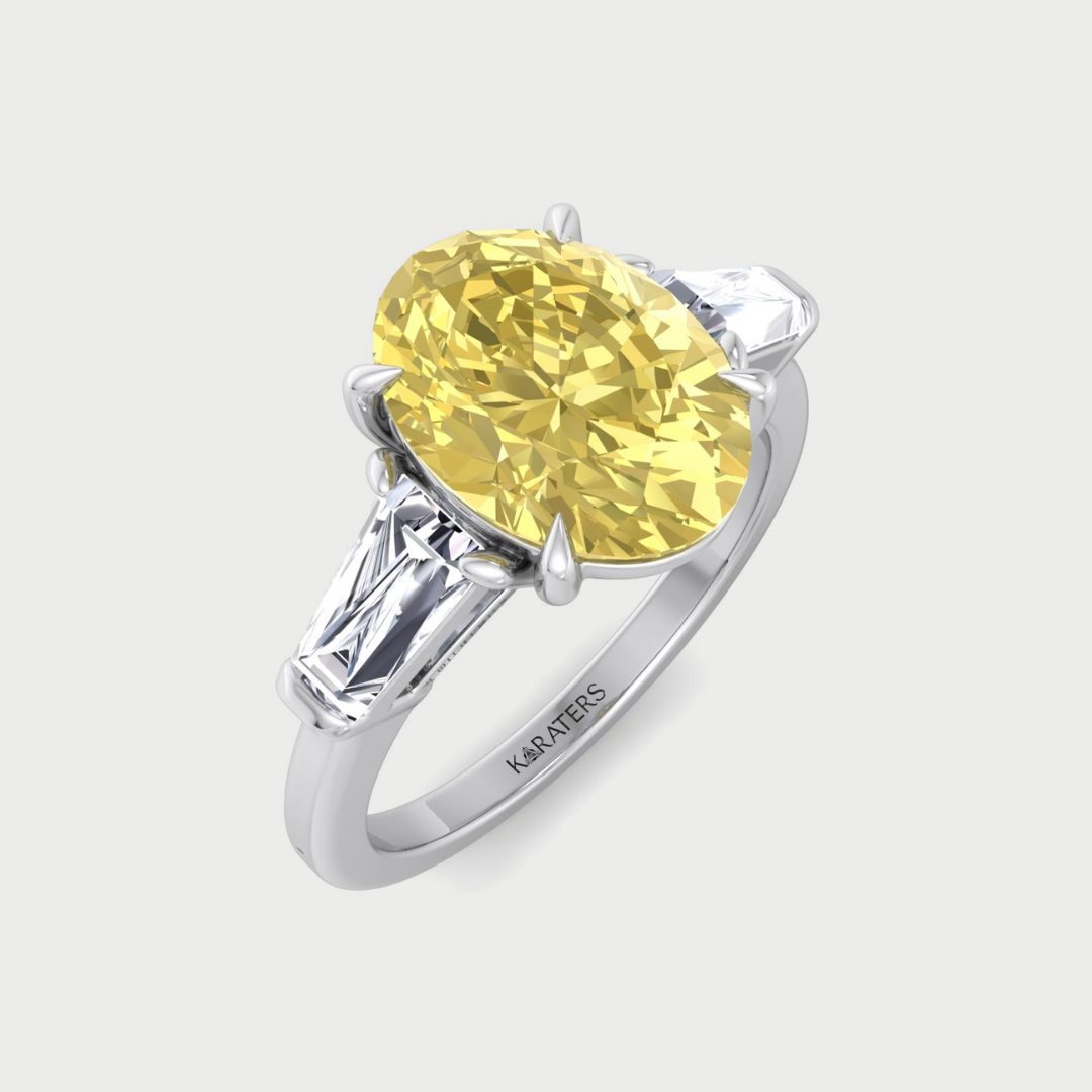 Fancy Yellow Oval Shape Lab Grown Diamond Engagement Ring with Tapered Baguette Sidestones