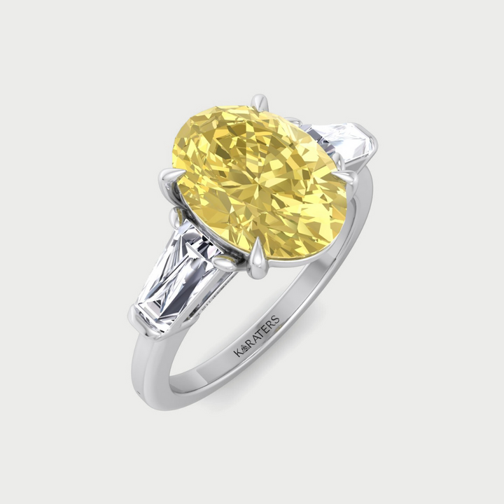 Fancy Yellow Oval Shape Lab Grown Diamond Engagement Ring with Tapered Baguette Sidestones