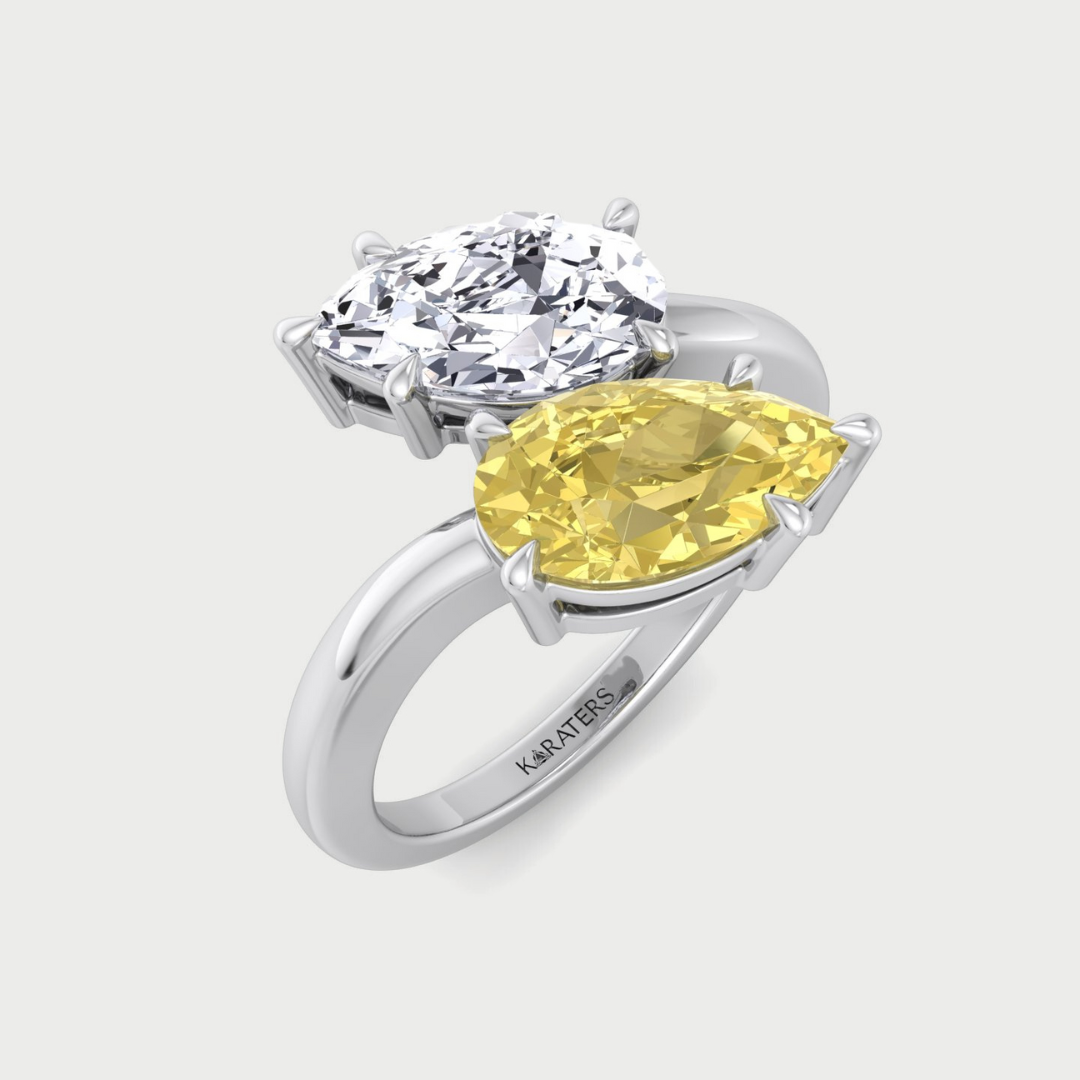 Fancy Yellow Pear Shape Lab Grown Diamond Bypass Two Stone Engagement Ring