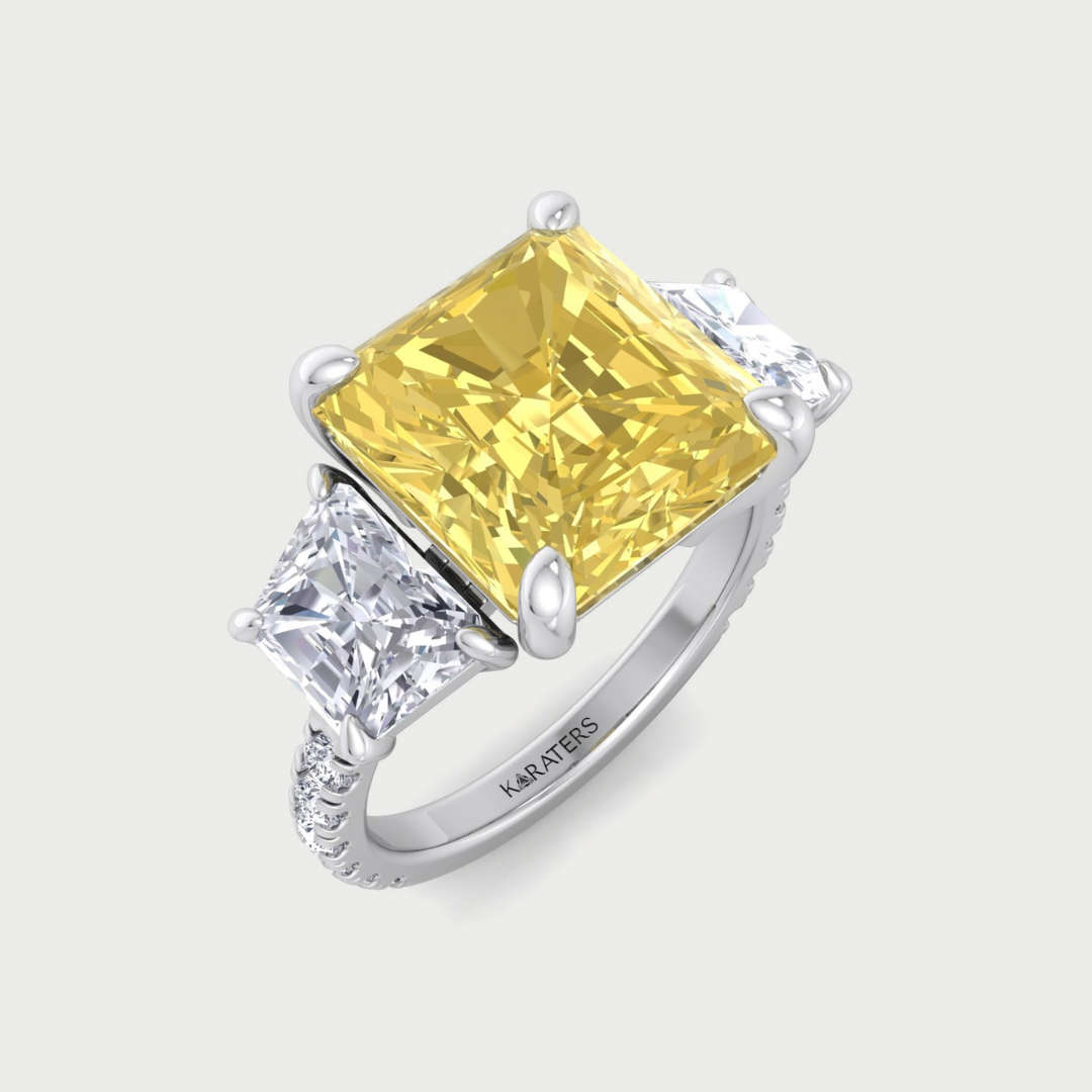 Fancy Yellow Radiant Cut Lab-Grown Diamond Engagement Ring with Pave Sidestones