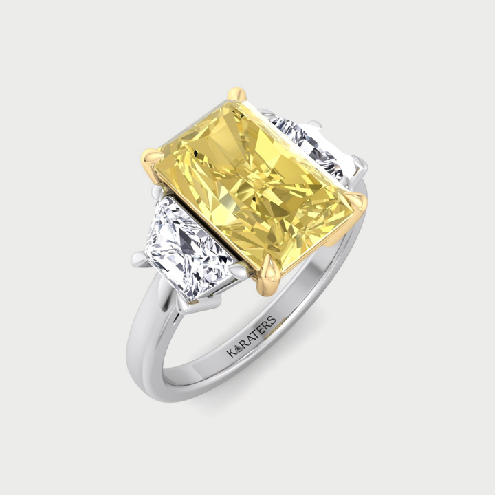 Fancy Yellow Radiant & Trapezoid Three Stone Lab-Diamond Engagement Ring